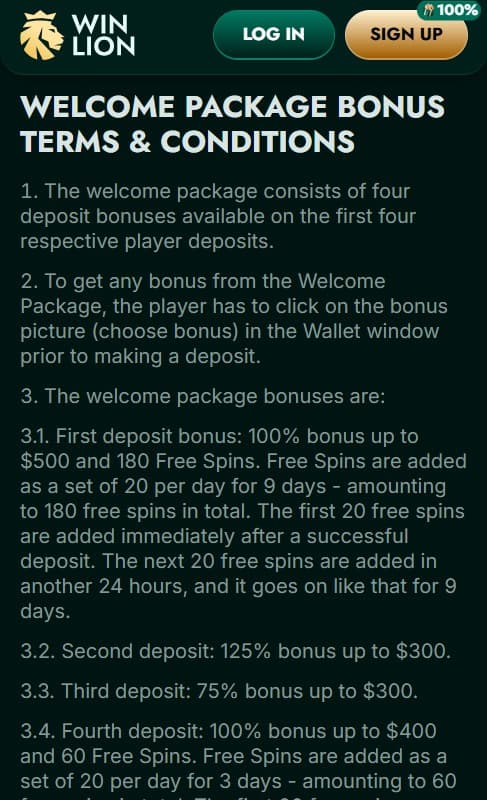 WinLion bonus terms and conditions